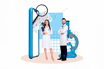 Composite photo collage of laboratory girl man iphone screen pills microscope vaccine covid prevention help isolated on painted background