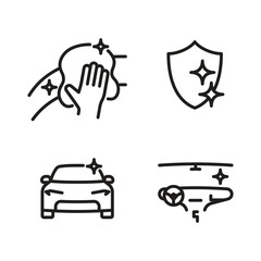 A set of car cleanliness icons, a car, a shiny car panel, a shield and a hand with a rag.