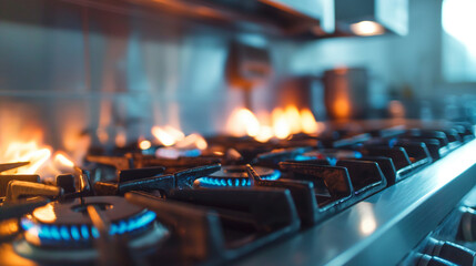 A professional bright kitchen with a blurred background - gas oven - orange tongues of blue flame...