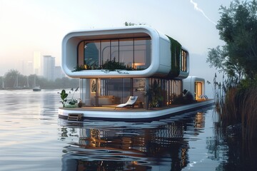 Floating futuristic house with greenery at dusk