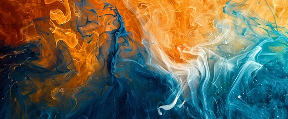 Sunset orange smoke forming intricate shapes over a canvas adorned with royal blue and emerald.
