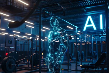 3D avatar of a strong AI, human tendon structure, set in a darkened gym scene, 