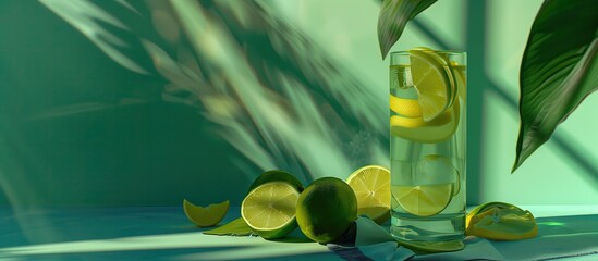 Glass of water with lemon slices and plant petals with copy space - obrazy, fototapety, plakaty