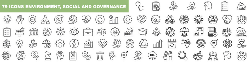 Environment nature line icons collection. ESG concept, net zero in environmental, social and governance. Vector illustration - obrazy, fototapety, plakaty