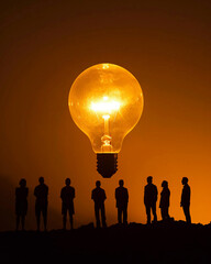 A lightbulb illuminated above a team working together, showcasing the spark of innovation born from cooperation - obrazy, fototapety, plakaty