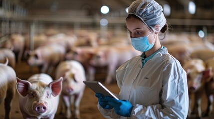 A female livestock wearing a cowboy uniform and an American farm leader stand holding a tablet and looking into the camera on a cow farm with earphones.