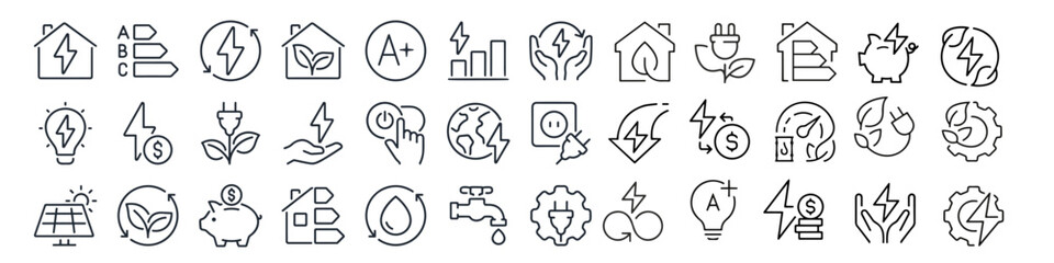 Line icons about energy efficiency and saving. Sustainable development. Thin line icon set. linear variety vectors. Vector Illustration - obrazy, fototapety, plakaty