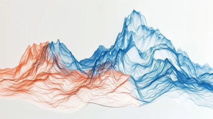 Artistic representation of mountains in blue and red hues with layered lines. - obrazy, fototapety, plakaty