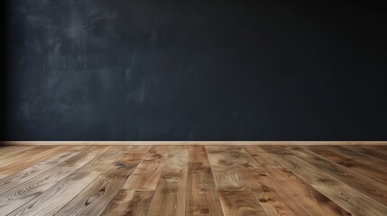 Empty room interior with a dark wall and wooden floor.