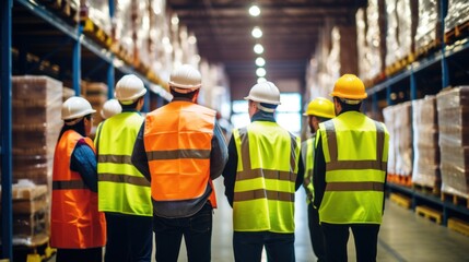 Obraz premium Workers gather in aisles between tall shelves, with merchandise crammed into the back view.