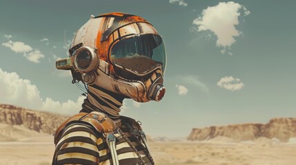 Surrealist desert wanderer, monochrome stripes, stark contrast, retro helmet with earthy tones, otherworldly allure