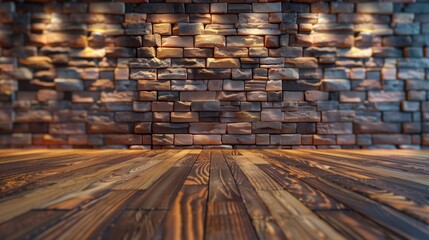 Obraz premium Rustic stone brick wall with wooden floorboards in cozy lighting