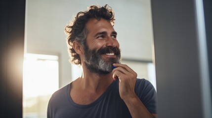 man holds a razor with a cheek in front of a bathroom mirror.