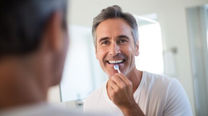 man holds a razor with a cheek in front of a bathroom mirror.