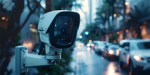 Surveillance Enhancing Public Safety in a Bustling City Night Scene with Traffic and Architectural...
