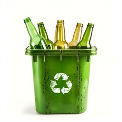 Green trash bin with glass bottles. Recycling sign and recycling concept. White background
