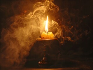 Candleholder with Flickering Flame and Wispy Smoke Tendrils A Beacon of Vintage Warmth and Captivating Ambiance
