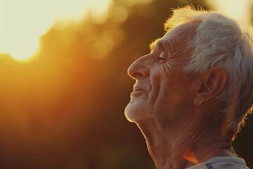 Mature Man Breathing Deeply in Nature at Sunrise, Head Held High