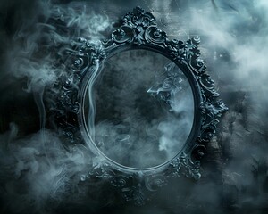 Ornate Mirror Reflecting a Smoke Filled Ethereal Tale of Beauty in the Darkness