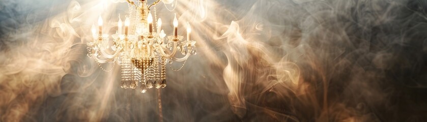 Elegant Chandelier Casting Soft Glow in Hazy Mystical Atmosphere Evoking the Charm and Allure of a Bygone Era
