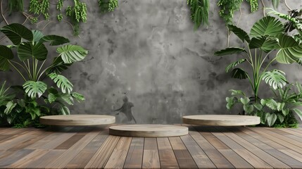 Round wooden pedestal platforms in a room with tropical plants and concrete wall