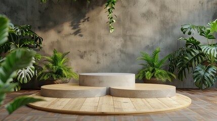 Modern interior with lush green plants and circular wooden pedestal