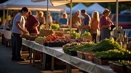 An early market scene, bustling with vendors and customers, fresh produce on display, capturing