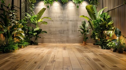 Modern indoor space with plants, wooden slats, and a concrete wall - obrazy, fototapety, plakaty