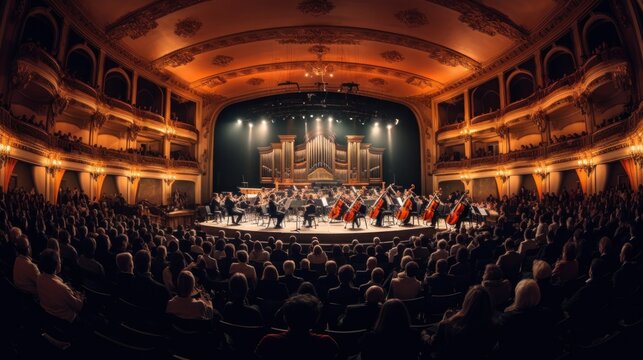 elegant classical music concert, orchestra in full performance,