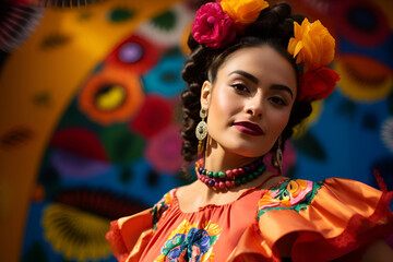 A stunning Mexican woman in traditional attire and adorned with a flower wreath