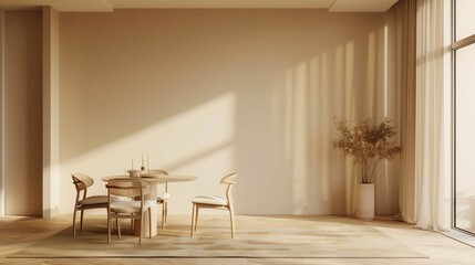 Fototapeta premium Modern minimalist dining room interior with natural light and earth tones