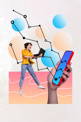 Vertical creative abstract collage young shocked business woman trader earn money graphic growth ambition work laptop smartphone