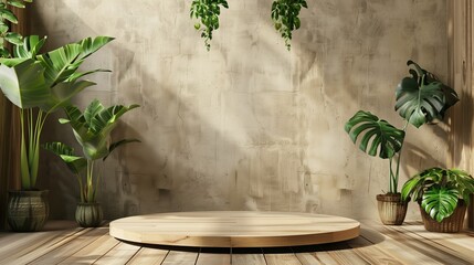 Serene indoor scene with wooden platform and assorted houseplants in sunlight.