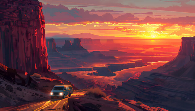 A captivating image of a van driving on a road between big beautiful canyons at sunset