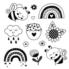 set isolated with outline bees, honey pot, flowers, rainbow, sunflower - 779787703