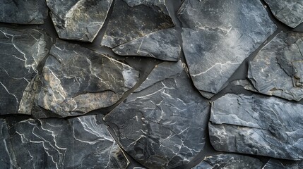 Close-up of irregular dark slate tiles with natural white vein patterns.