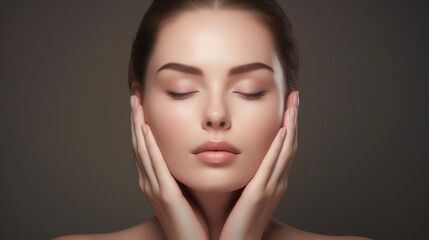 Beautiful Young Woman with Clean Fresh Skin touch own face . Facial treatment . Cosmetology , beauty and spa.