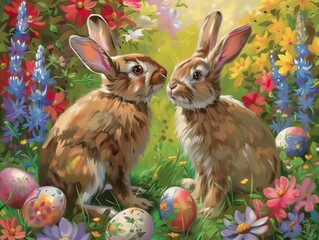 Fototapeta na wymiar Easter bunny and easter eggs.