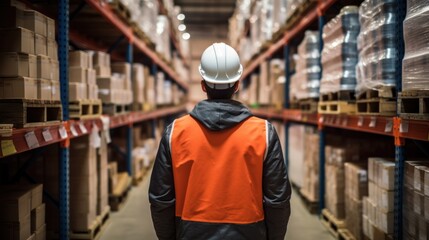 Fototapeta premium Employees check products in a large warehouse.