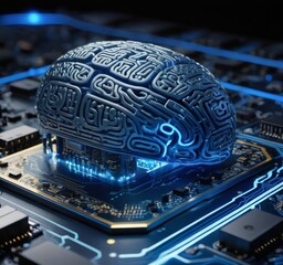 Digital concept art of a brain-shaped circuit board with glowing blue connections, symbolizing artificial intelligence and advanced technology AI generation