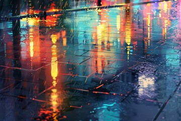 The vibrant city lights reflect beautifully on the rain-soaked pavement, creating a mesmerizing and colorful scene