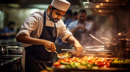 Indian chef preparing dish in kitchen, profession male cook in hotel culinary jobs