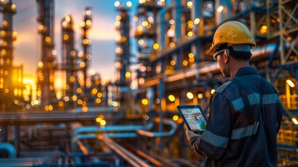 Petrochemical engineer reviewing real time data on a tablet strategizing production improvements