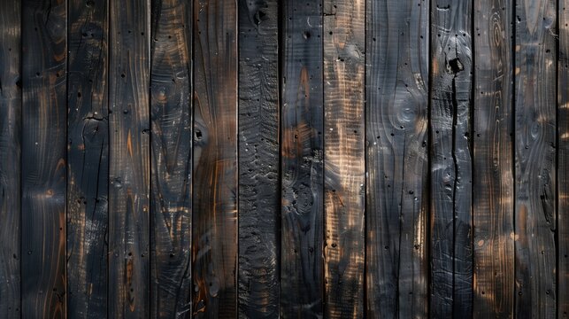 Close-up of charred wooden planks with rustic texture and screw heads.