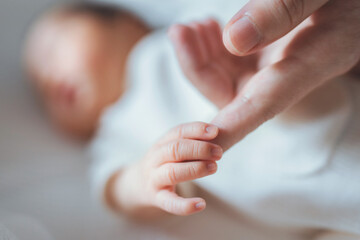 The newborn baby hand holding a finger of mother, Newborn and parent, Family and home concept, pediatrics. Motherhood, Healthcare