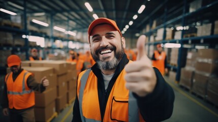 worker team celebrating success in warehouse factory, Cheerful workers having fun at work, - Powered by Adobe