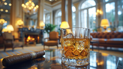 Naklejka premium A glass of whiskey paired with a cigar epitomizes refinement and relaxation