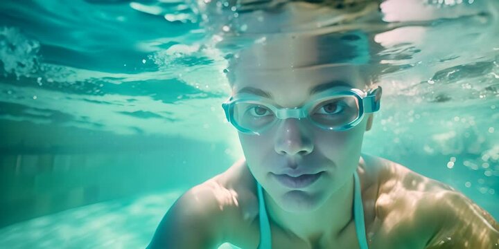underwater picture of female swimmer in swimming suit and goggles training in swimming pool 4K Video