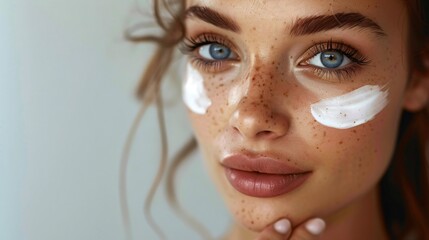 Portrait of a woman with sparkling eyes applying cream with a tender touch showcasing the ritual of beauty
