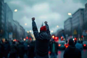A single individual with a raised fist stands out in a crowd on a city street during a demonstration, conveying a message of unity and protest. - obrazy, fototapety, plakaty